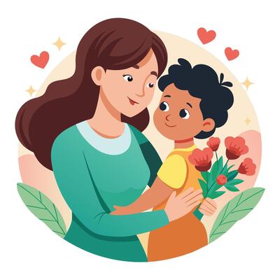 mother and son with flowers mother's day illustration