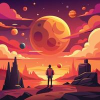 a man standing in front of a planet and other planets vector