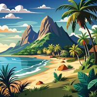 tropical beach with palm trees and mountains. vector
