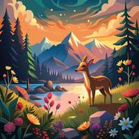 a painting of a deer in the mountains with flowers and trees vector