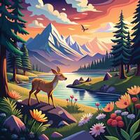 a painting of a deer in the mountains with flowers and trees. vector