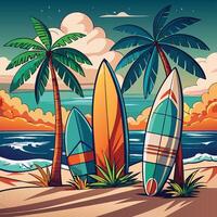 surfboards on the beach with palm trees vector