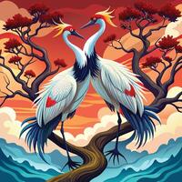 two cranes standing on a tree branch with red flowers vector