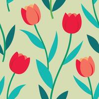 a pattern with red and orange tulips on a green background vector