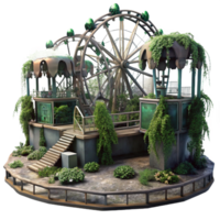 serene abstract An abandoned amusement park, overgrown with weeds and vines, eerie, surreal lighting, horror style original png