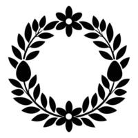 a black and white illustration of a wreath with leaves. vector