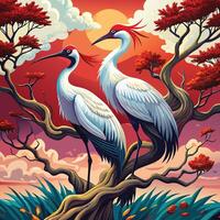 two cranes on a tree with red sky vector