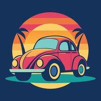 a cartoon car with palm trees and a sunset in the background. vector