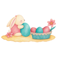 soft pastel drawing of rabbit with colorful eggs and flowers clipart Photo isolated on transparency background png