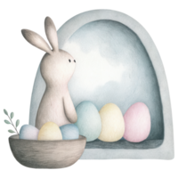 cute rabbit watching over colorful Easter eggs in nest. Clipart Photo isolated on transparency background png
