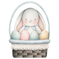 nostalgic rabbit sits in wicker basket filled with colorful eggs. Clipart Photo isolated on transparency background png