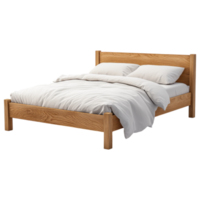 Minimalist wooden bed frame with soft bedding and pillows clip art on a transparency background png