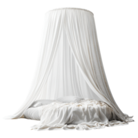 Minimalist bed canopy with flowing white fabric on soft bed clip art on a transparency background png