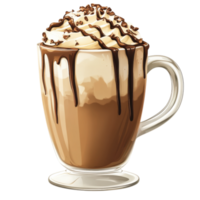 Delicious mocha with chocolate drizzle and whipped cream topping clip art on a transparency background png