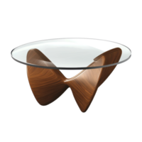 Modern coffee table with glass top and unique wooden base design. clip art on a transparency background png