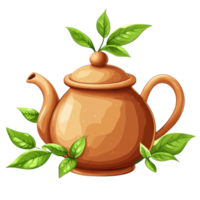 clay teapot with green leaves, symbolizing tranquility and nature. clip art on a transparency background png