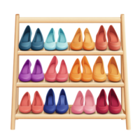 Modern multi tiered shoe rack displaying colorful shoes in various shades clip art on a transparency background png