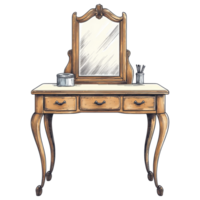 Stylish wooden dressing table with mirror and drawers for storage clip art on a transparency background png
