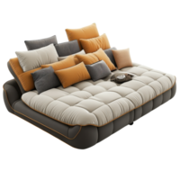 Multi functional sofa bed with storage and decorative cushions clip art on a transparency background png