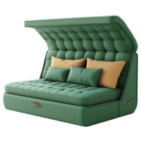 Multi functional sofa bed with storage, green upholstery, modern design clip art on a transparency background png