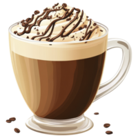 Delicious mocha coffee topped with whipped cream and chocolate drizzle clip art on a transparency background png