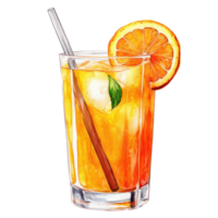 Refreshing orange juice with ice and slice of orange clip art on a transparency background png