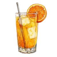 Refreshing orange juice with ice and slice of orange on a transparency background png