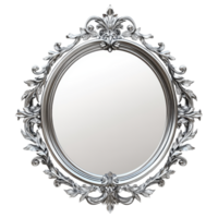 Elegant round mirror with ornate silver frame and floral design clip art on a transparency background png