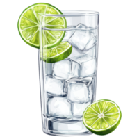 Refreshing tonic water with lime slices and ice cubes in glass clip art on a transparency background png