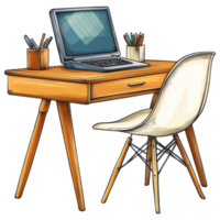 Stylish desk with computer and chair, perfect for workspace inspiration. clip art on a transparency background png