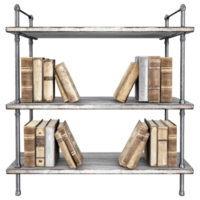 Metal framed bookshelf with open shelves displaying vintage books clip art on a transparency background png