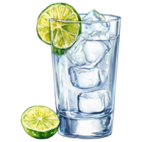 Refreshing glass of tonic water with lime slices and ice cubes clip art on a transparency background png