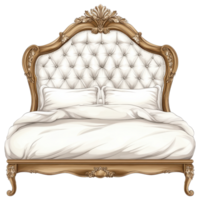 Elegant tufted headboard with luxurious bedding and ornate frame clip art on a transparency background png