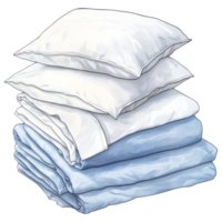 Neatly folded bed sheets and pillows in soft colors create cozy atmosphere. clip art on a transparency background png