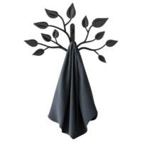 Contemporary coat rack with unique leaf design and hanging fabric clip art on a transparency background png