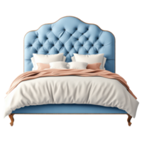 Cozy upholstered headboard with soft bedding and decorative pillows clip art on a transparency background png