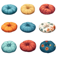 Cozy floor cushions in various colors and patterns on transparency background png