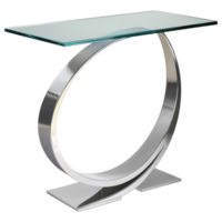 Modern glass and metal console table with unique circular design clip art on a transparency background png