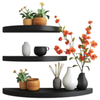 Floating corner shelf with decorative items, including plants and vases. clip art on a transparency background png