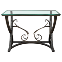 Elegant glass and metal console table with intricate design and sturdy frame clip art on a transparency background png