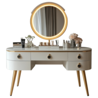 High end vanity table with LED mirror, elegant design, and beauty products clip art on a transparency background png