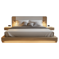 Low profile platform bed with LED lighting, modern design, and cozy pillows clip art on a transparency background png