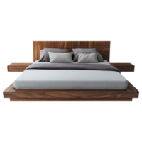 Low profile platform bed with wooden frame and soft bedding clip art on a transparency background png