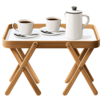 Foldable tray table with coffee cups and pot, perfect for breakfast in bed. clip art on a transparency background png