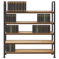 metal framed bookshelf with open shelves displaying books in various colors. clip art on a transparency background png