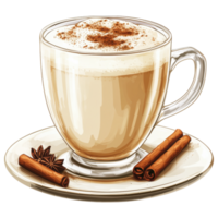 Delicious chai latte with cinnamon sticks on white plate clip art on a transparency background png