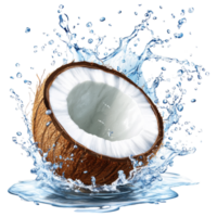Coconut shell splashing in water, refreshing and tropical vibe clip art on a transparency background png