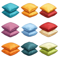 Cozy floor cushions in various colors stacked on transparency background. clip art on a transparency background png