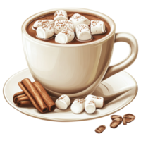 Hot chocolate with marshmallows and cinnamon sticks in cup clip art on a transparency background png