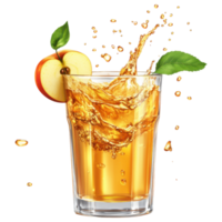 Refreshing apple juice splashes in glass with apple slices and leaves clip art on a transparency background png